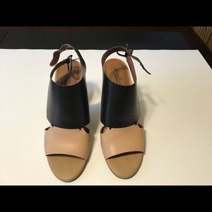 Lucky Brand slight bootie sandal. Black an beige 4 inch heel. True size 9.5
